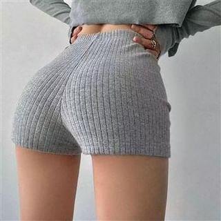 Everose-High Waist Plain Ribbed Hot Pants