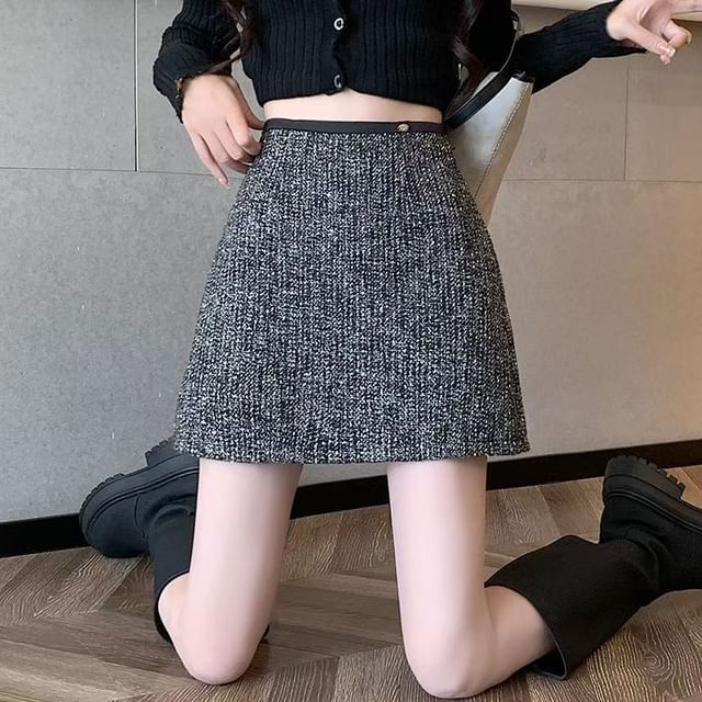 Everose-High Waist Sequin Tweed Mini A-Line Skirt