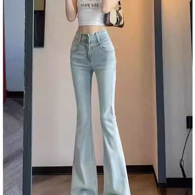 Everose-High Waist Washed Bow Flared Jeans