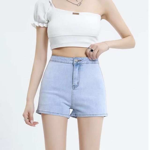 Everose-High Waist Washed Denim Shorts