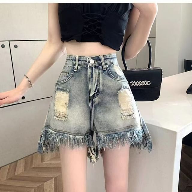 Everose-High Waist Washed Distressed Denim Shorts