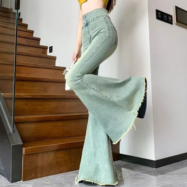 Everose-High Waist Washed Flared Jeans