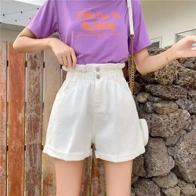 Everose-High Waist Washed Frill Denim Shorts