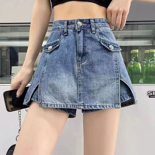 Everose-High Waist Washed Panel Mini A-Line Denim Skort