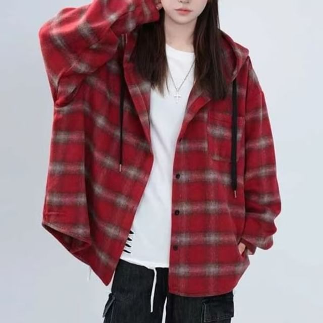 Everose-Hooded Plaid Button Up Shirt
