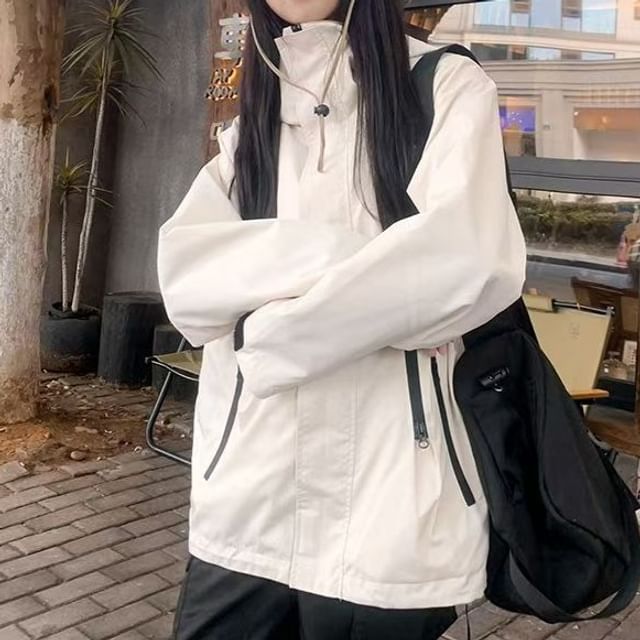 Everose-Hooded Plain Zip Trench Jacket