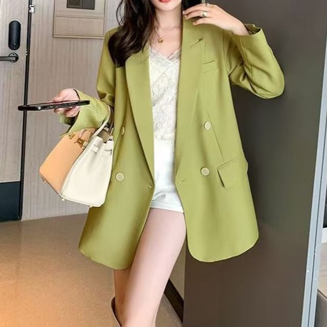 Everose-Lapel Collar Plain Double Breasted Blazer