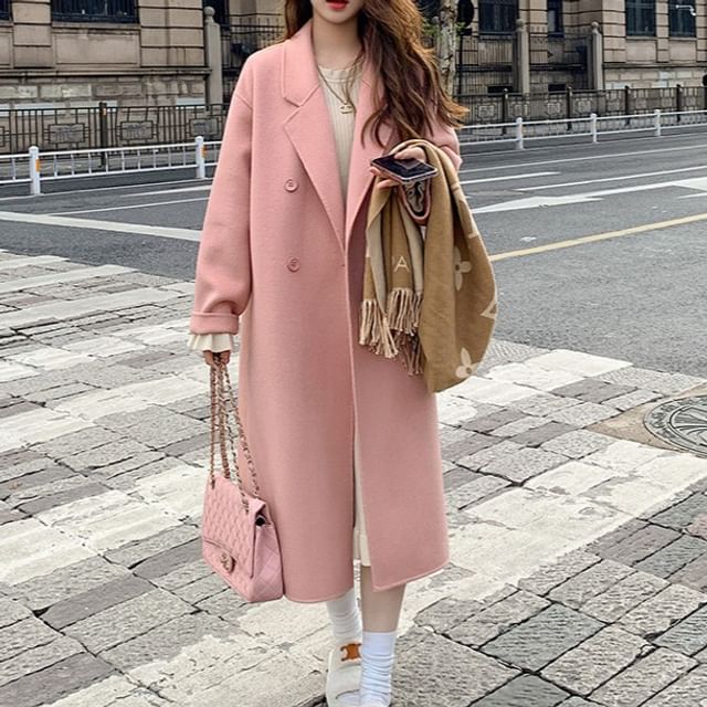 Everose-Lapel Collar Plain Double Breasted Long Coat