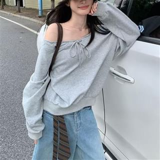 Everose-Long-Sleeve Batwing-Sleeve Off Shoulder Plain Top