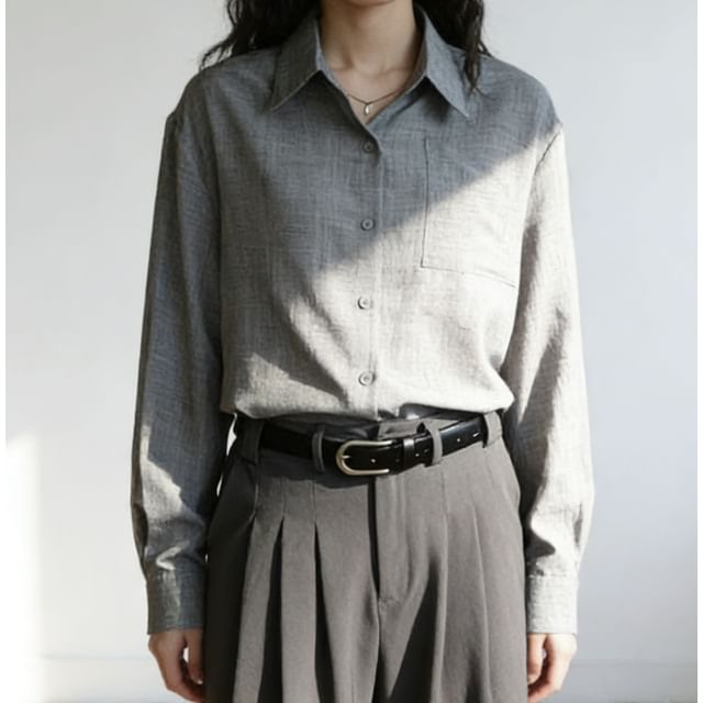 Everose-Long-Sleeve Button-Up Plain Shirt