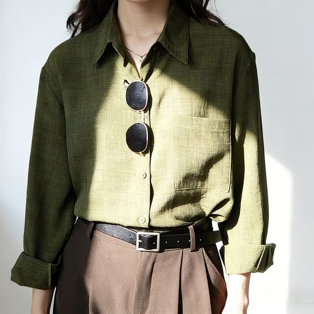 Everose-Long-Sleeve Button-Up Plain Shirt