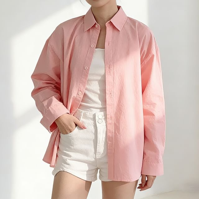 Everose-Long-Sleeve Button-Up Plain Shirt