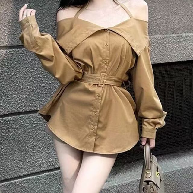 Everose-Long Sleeve Cold Shoulder Plain Belted Blouse