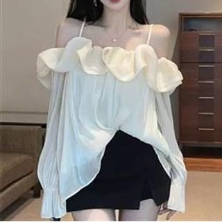 Everose-Long-Sleeve Cold-Shoulder Plain Ruffle Trim Blouse