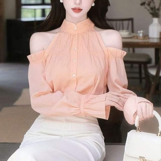 Everose-Long Sleeve Cold Shoulder Stand Collar Plain Ruffle Blouse
