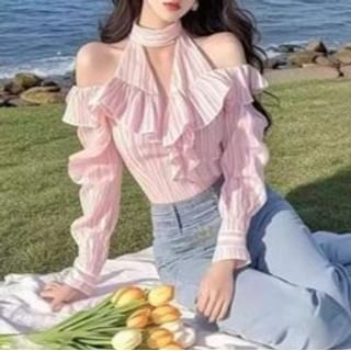 Everose-Long-Sleeve Cold-Shoulder Striped Ruffle Blouse