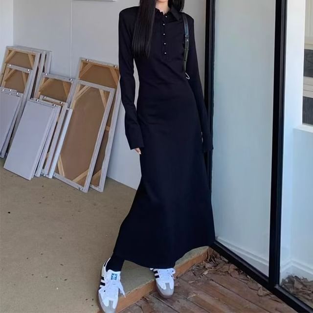 Everose-Long-Sleeve Collar Plain Midi A-Line Dress