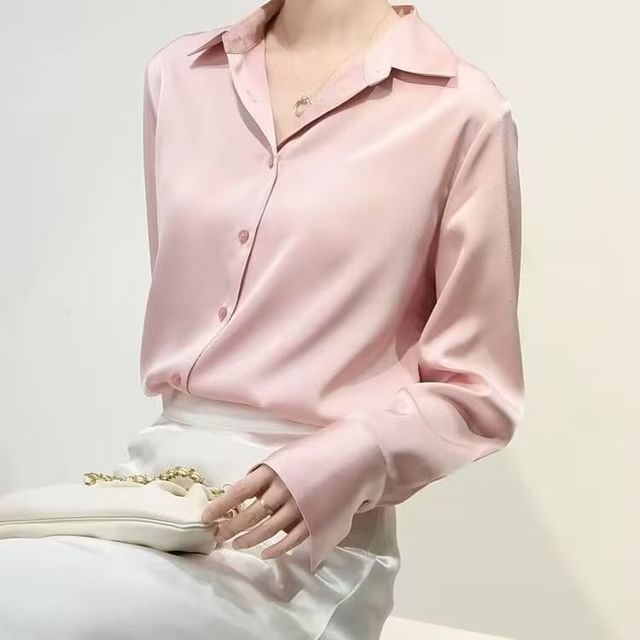 Everose-Long-Sleeve Collared Button-Up Plain Satin Blouse