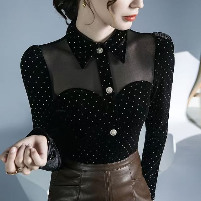 Everose-Long-Sleeve Collared Dotted Mesh Panel Button-Up Velvet Blouse