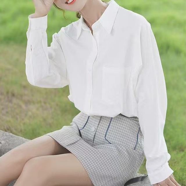 Everose-Long-Sleeve Collared Drop Shoulder Plain Button Up Shirt