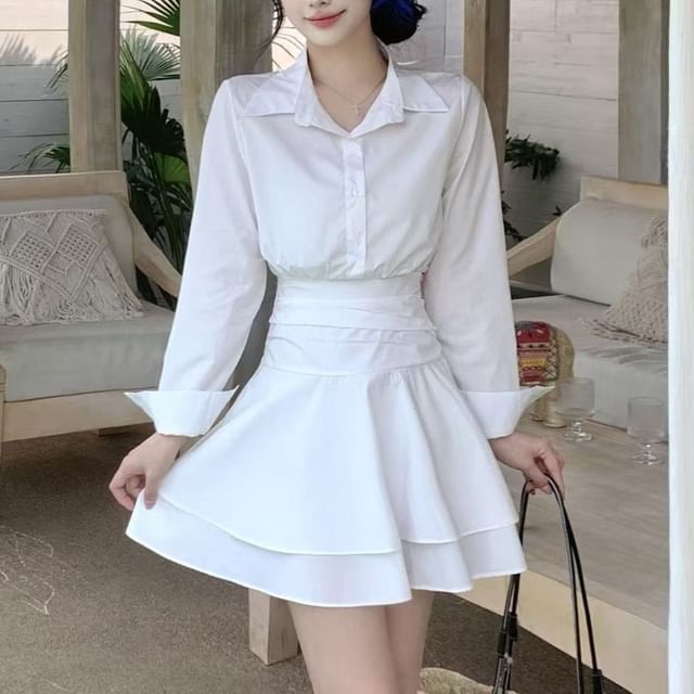 Everose-Long-Sleeve Collared Plain Mock Two Piece Mini A-Line Dress