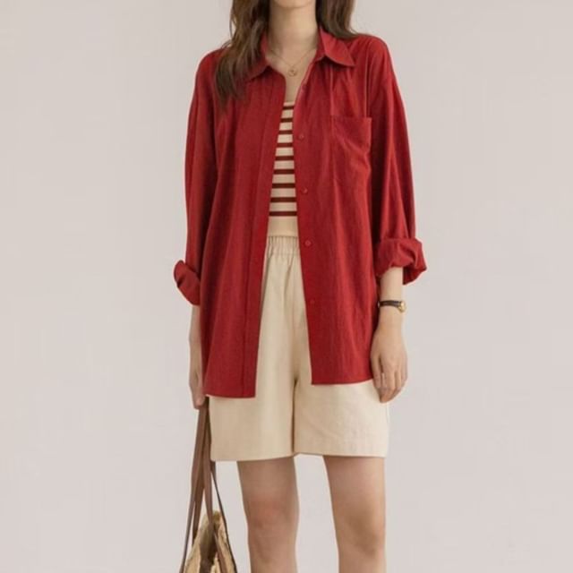 Everose-Long-Sleeve Collared Plain Oversized Shirt