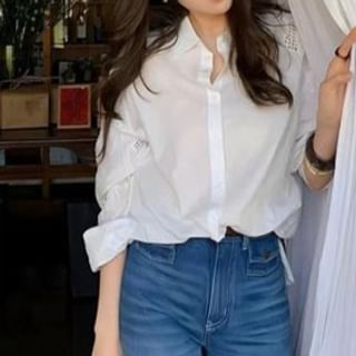 Everose-Long-Sleeve Collared Plain Pointelle Button Up Shirt