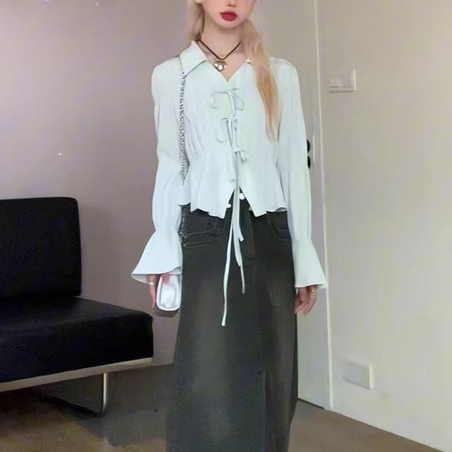 Everose-Long-Sleeve Collared Plain Ruched Button Up Shirt