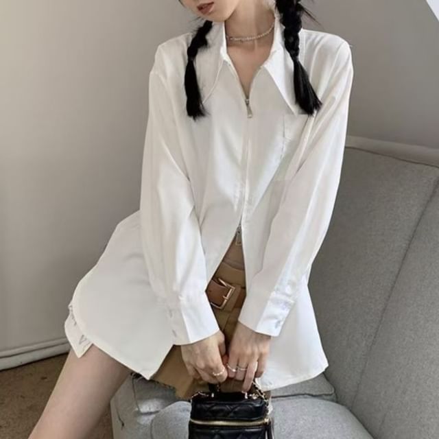 Everose-Long-Sleeve Collared Plain Zip Shirt