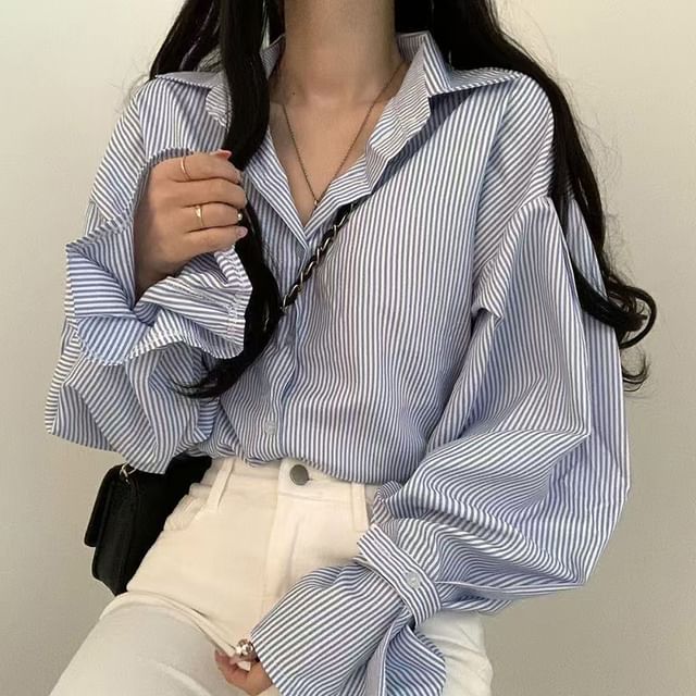 Everose-Long-Sleeve Collared Striped Button-Up Blouse