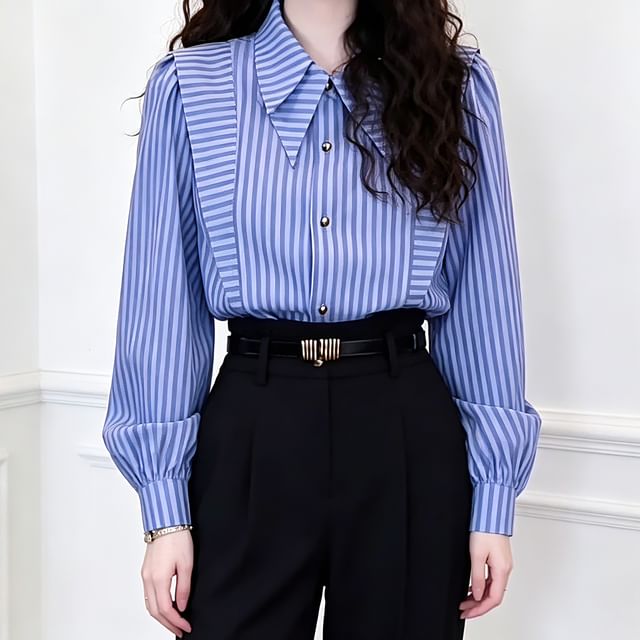Everose-Long-Sleeve Collared Striped Button Up Blouse