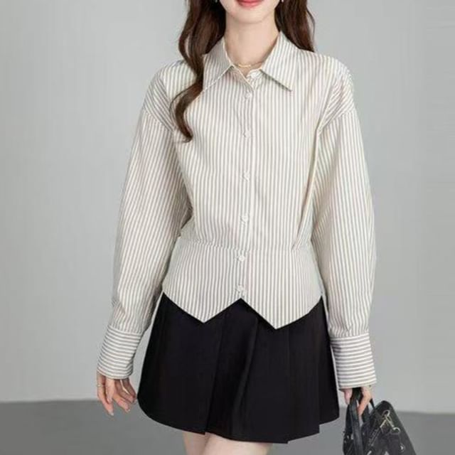 Everose-Long-Sleeve Collared Striped Button Up Shirt