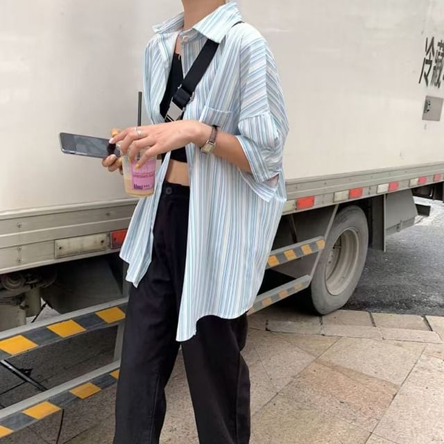 Everose-Long Sleeve Collared Striped Shirt
