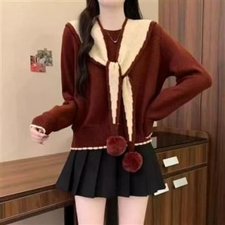 Everose-Long-Sleeve Contrast Collar Tie-Neck Sweater