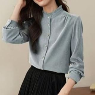 Everose-Long-Sleeve Frill Trim Plain Blouse