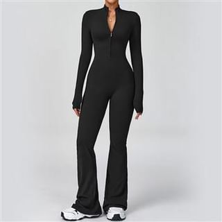 Everose-Long-Sleeve Half-Zip Plain Flared Yoga Jumpsuit