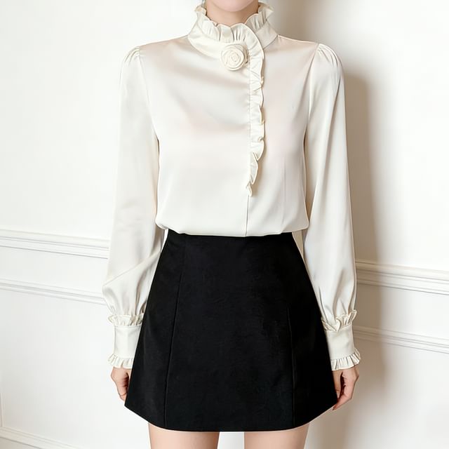 Everose-Long-Sleeve High Neck Plain Ruffled Blouse