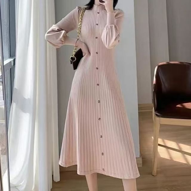 Everose-Long Sleeve Mock Neck Plain Button Ribbed Midi A-Line Sweater Dress
