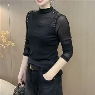 Everose-Long-Sleeve Mock Neck Plain Mesh Panel Slim Fit Top