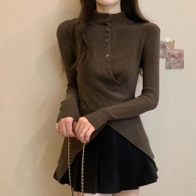 Everose-Long-Sleeve Mock Neck Plain Wrap Slit Knit Top