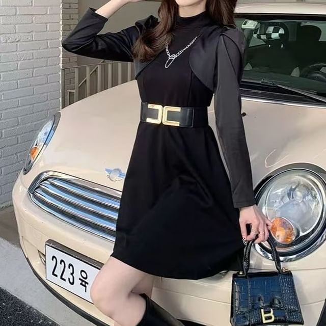 Everose-Long-Sleeve Mock Neck Two Tone Mock Two-Piece Mini A-Line Dress