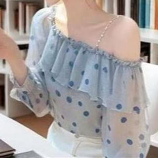 Everose-Long-Sleeve Off Shoulder Dotted Ruffle Blouse