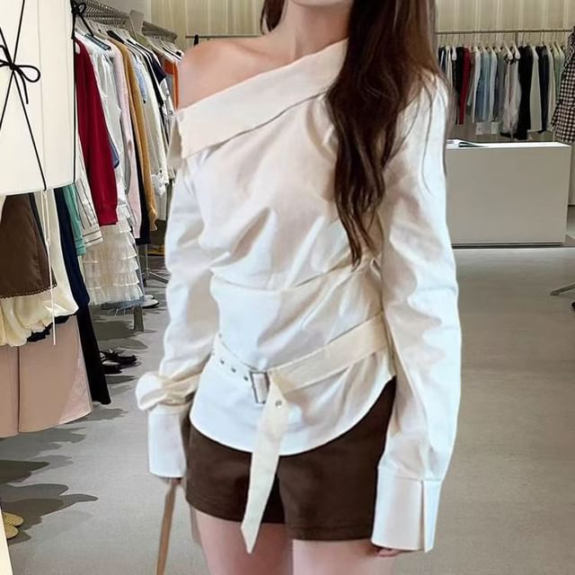 Everose-Long-Sleeve Off Shoulder Plain Belted Blouse