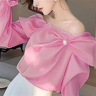 Everose-Long-Sleeve Off Shoulder Plain Top