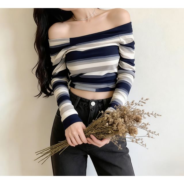 Everose-Long Sleeve Off Shoulder Striped Crop Top