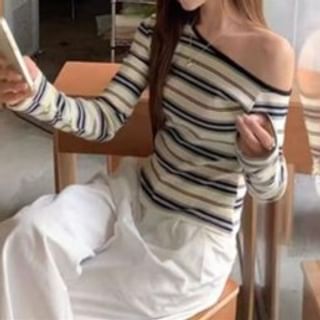 Everose-Long-Sleeve One-Shoulder Striped Tee