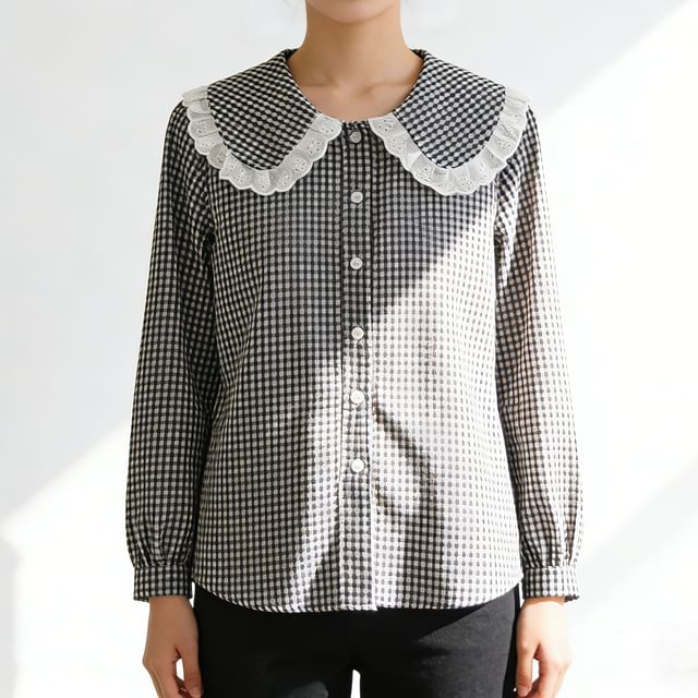 Everose-Long-Sleeve Peter Pan Collar Gingham Lace Trim Button-Up Blouse
