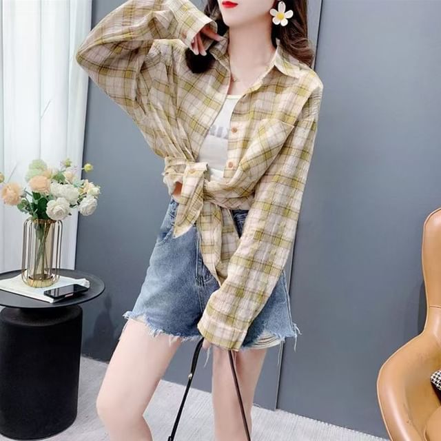 Everose-Long-Sleeve Plaid Button-Up Shirt