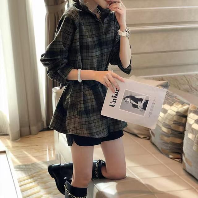 Everose-Long-Sleeve Plaid Sashed Shirt