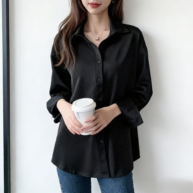 Everose-Long-Sleeve Plain Button-Up Shirt